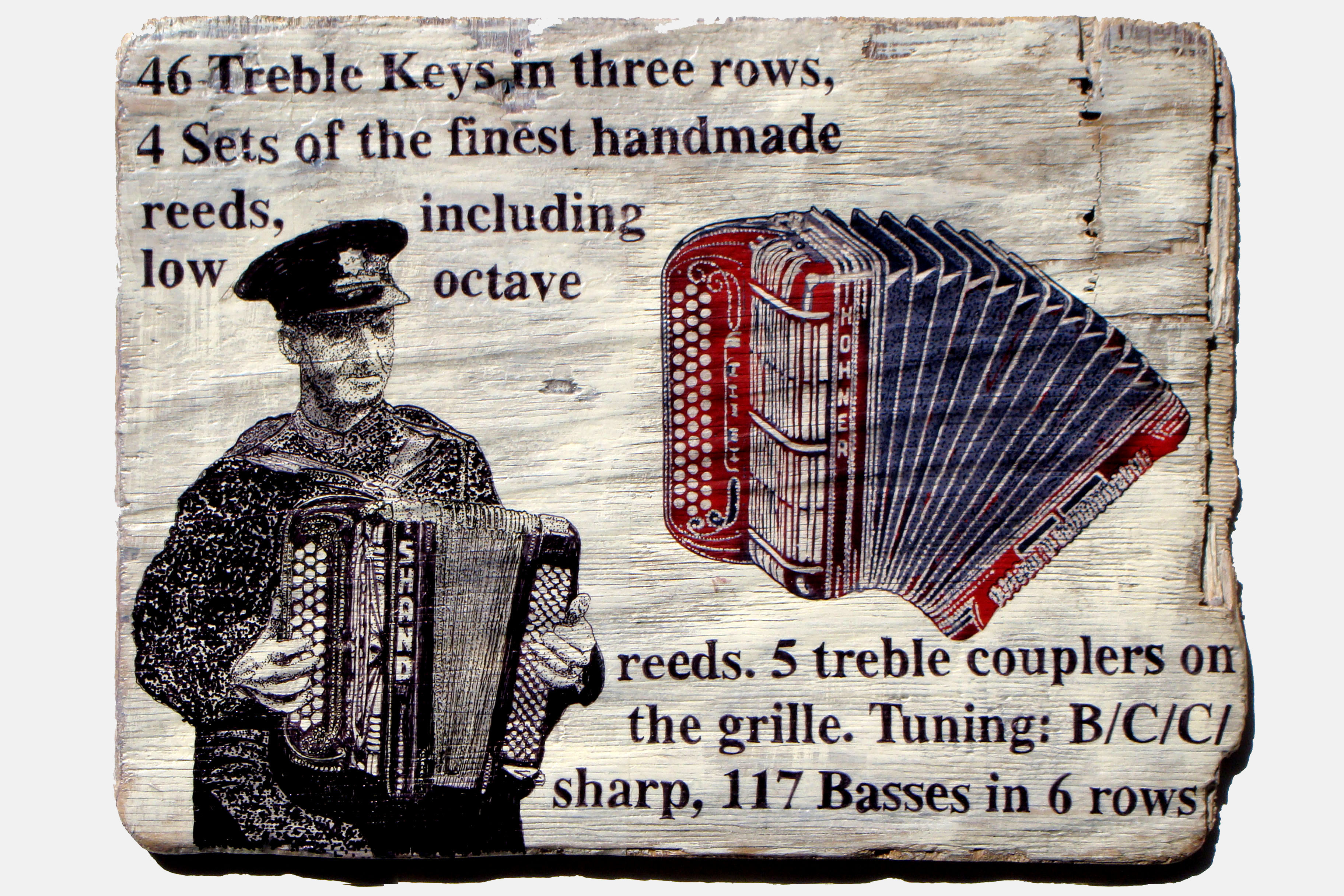 46 TREBLE KEYS
<br>Mixed media on driftwood<br>46 x 34.5cm