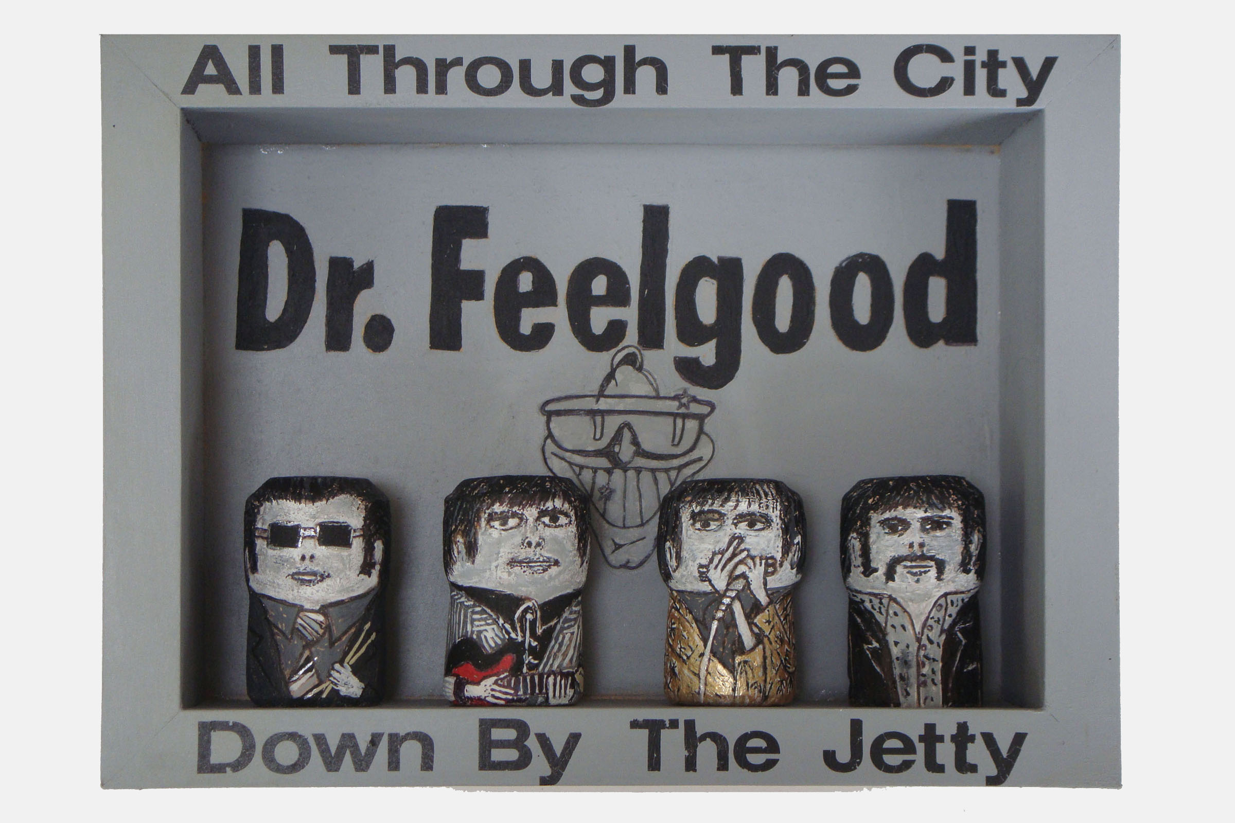 Dr. Feelgood<br>Mixed media and corks. Framed.