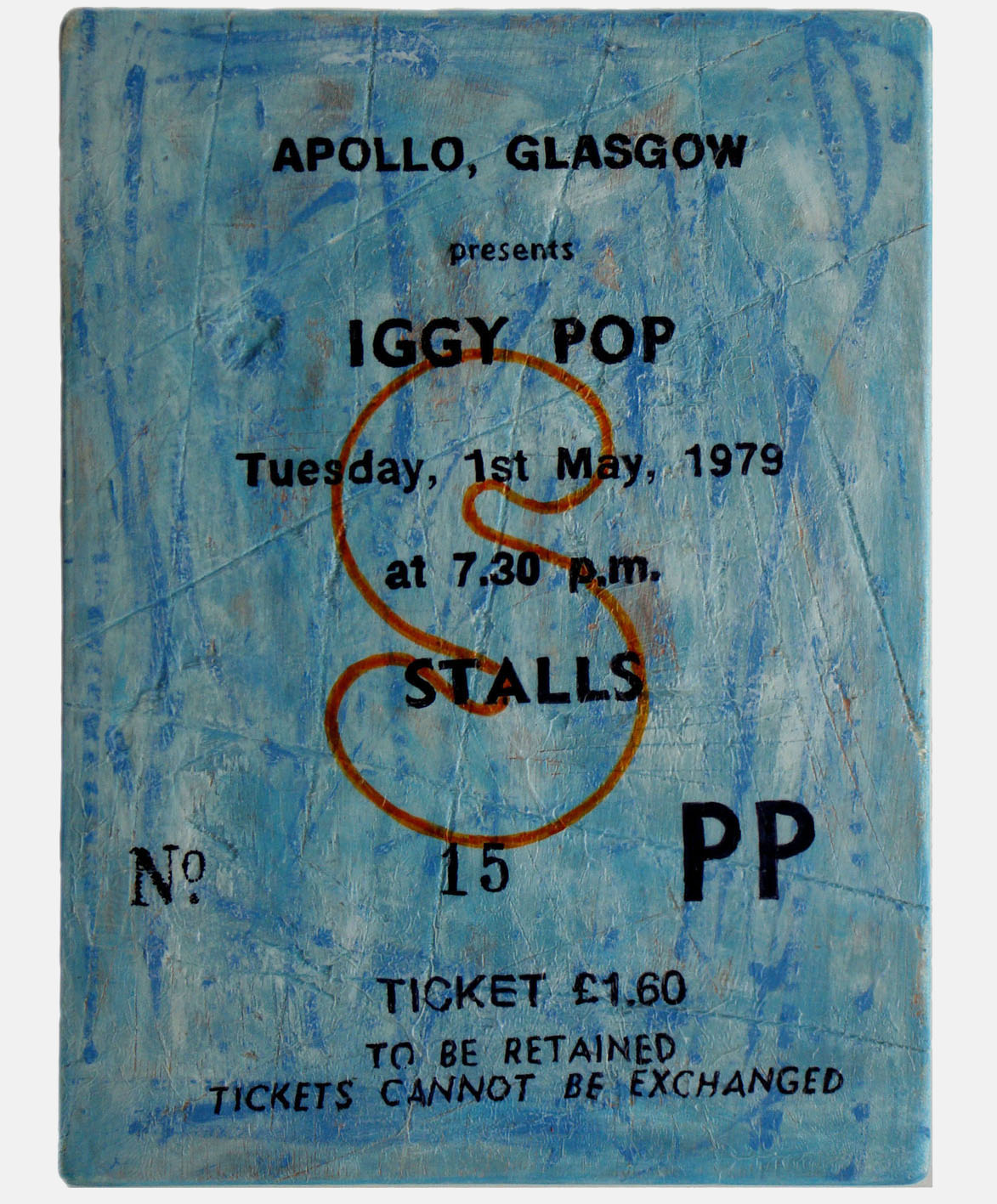 Iggy Pop at Glasgow Apollo 1979<br>Mixed media on plywood<br>23 x 31cm