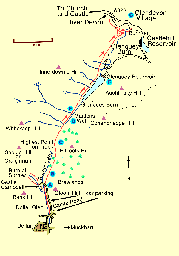 Walks in the Ochils. Map of Dollar to Glendevon